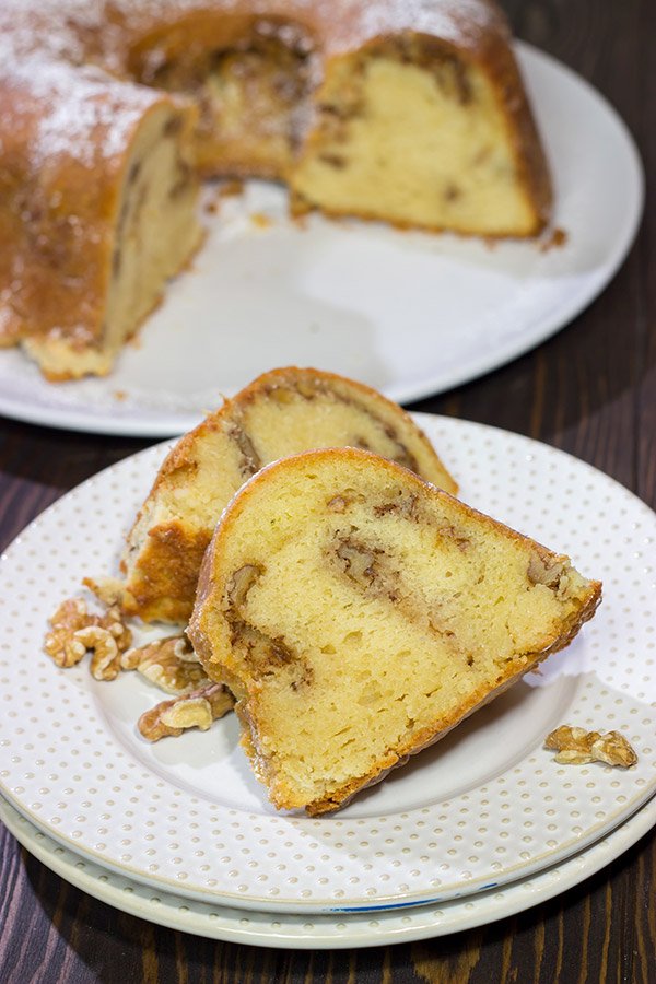 This Sour Cream Pound Cake with Cinnamon Walnut Swirl is a tasty (and easy) recipe that can be served for dessert or breakfast...or both!
