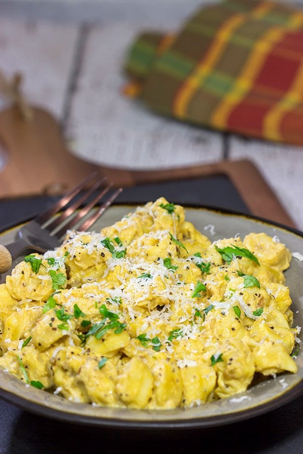 This Tortellini with Pumpkin Alfredo is creamy, delicious and so easy to make for a chilly Fall evening.  Make tonight a comfort food night!