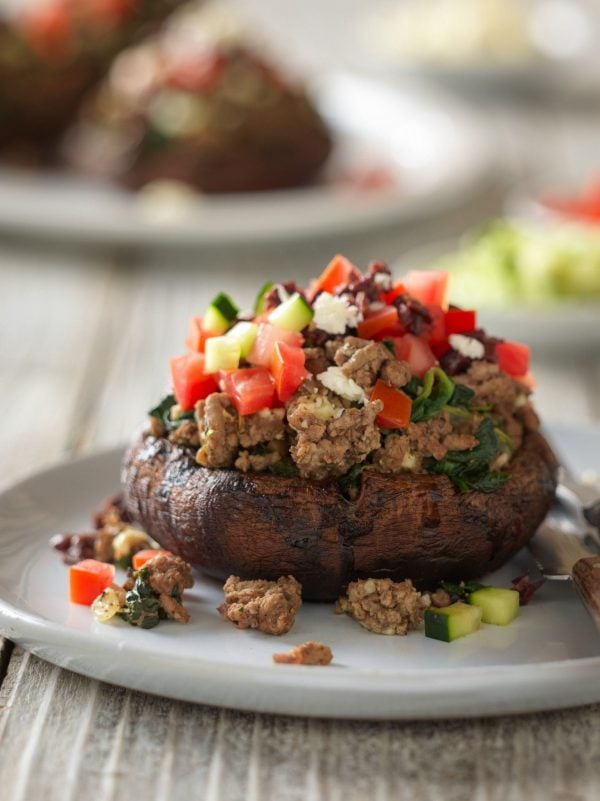Enjoy a taste of the Mediterranean with a savory Portobello mushroom stuffed with Greek-seasoned Ground Beef plus a variety of fresh toppings.