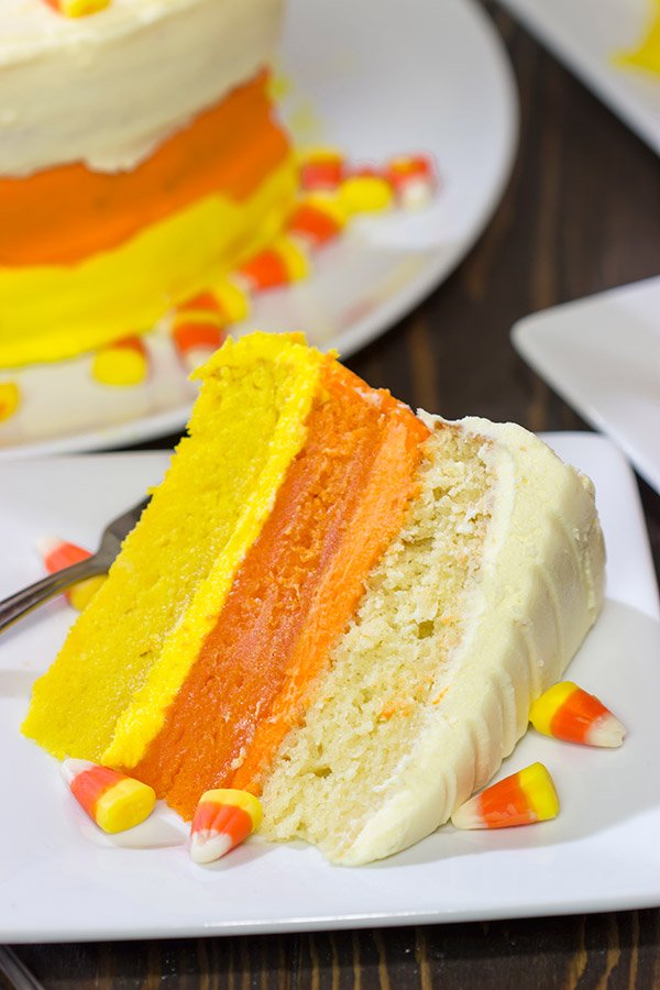 Whether you love or hate actual candy corn, this Candy Corn Cake is a delicious way to celebrate Halloween!  Happy baking!