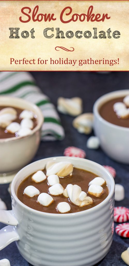 This Slow Cooker Hot Chocolate is a great recipe for holiday gatherings. Plus, you can create a Hot Chocolate Bar and let friends/family make their own mugs!