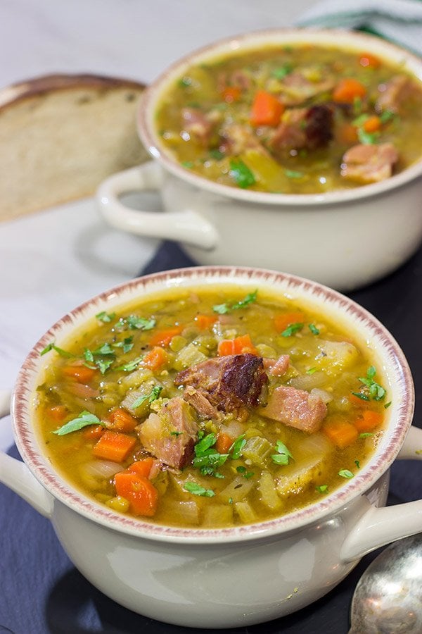 This Slow Cooker Split Pea Soup is an easy and delicious recipe.  It's packed with flavor, and it's perfect for warming up on a chilly day!