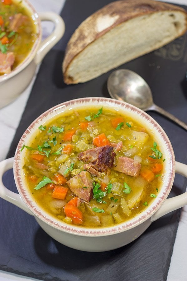 This Slow Cooker Split Pea Soup is an easy and delicious recipe.  It's packed with flavor, and it's perfect for warming up on a chilly day!