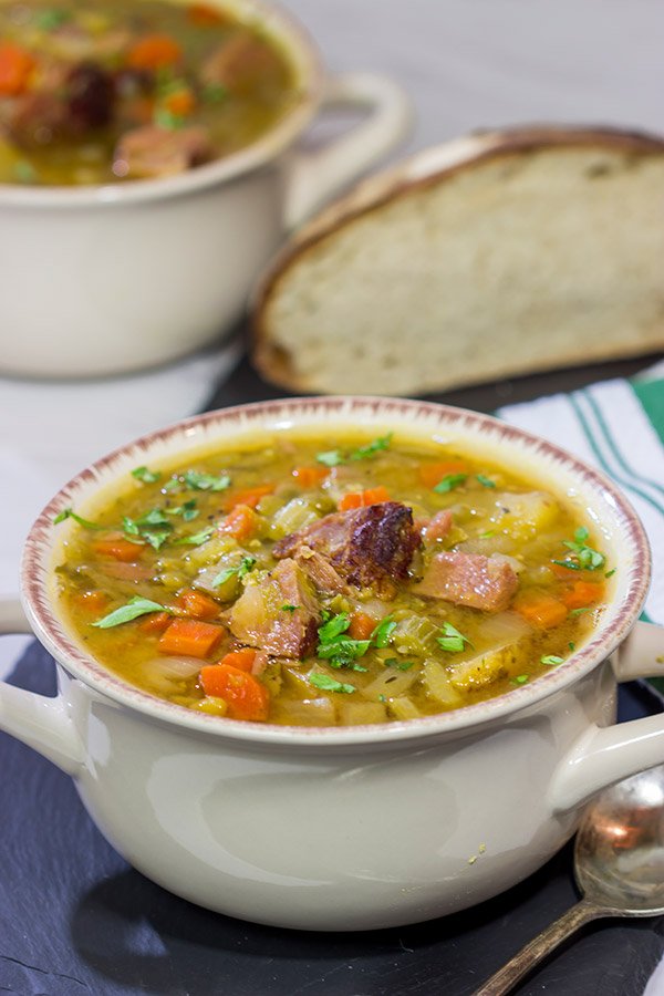 This Slow Cooker Split Pea Soup is an easy and delicious recipe.  It's packed with flavor, and it's perfect for warming up on a chilly day!