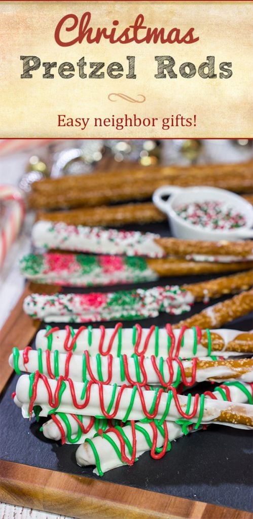 These Christmas Pretzel Rods are a festive and easy snack or dessert for the holidays! They're fun for little kids, and they also make great neighbor and teacher gifts!