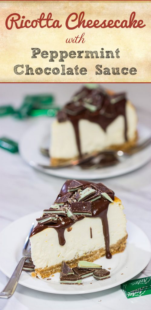 Topped with melted chocolate and chopped Andes mints, this Ricotta Cheesecake with Peppermint Chocolate Sauce is a delicious and fun holiday dessert!