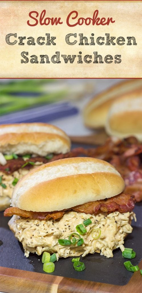 Creamy, shredded chicken topped with crunchy bacon = delicious. These Slow Cooker Crack Chicken Sandwiches are an easy and delicious recipe!