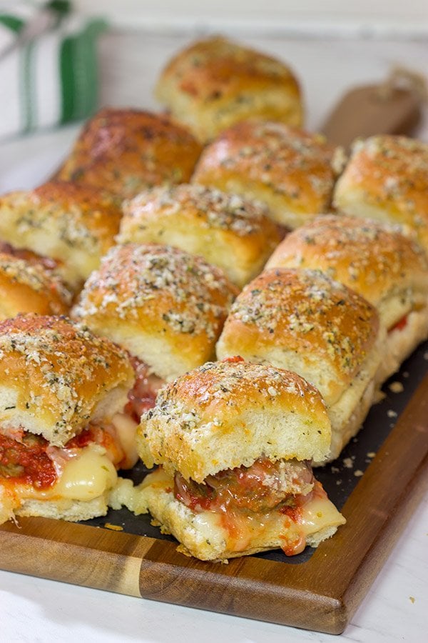 These Pull Apart Meatball Sliders are topped with garlic bread topping - they're a crowd-pleasing football appetizer!