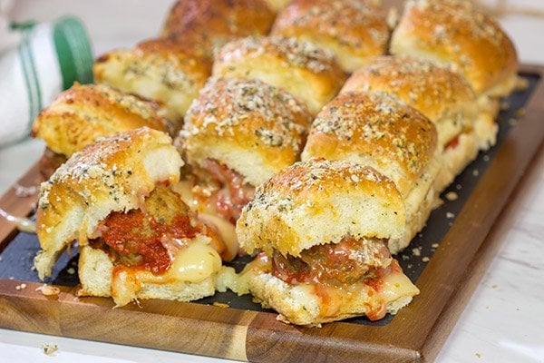 These Pull Apart Meatball Sliders are topped with garlic bread topping - they're a crowd-pleasing football appetizer!