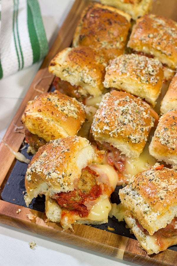 These Pull Apart Meatball Sliders are topped with garlic bread topping - they're a crowd-pleasing football appetizer!