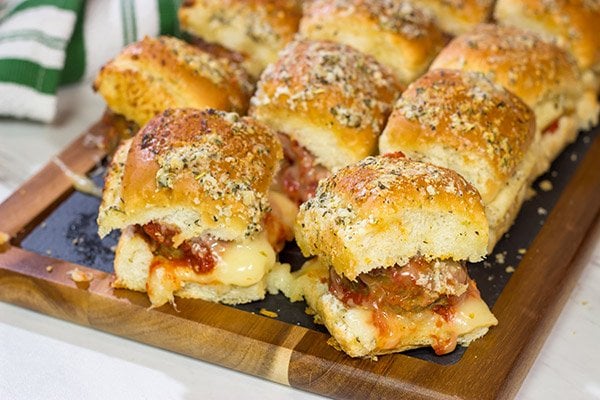 These Pull Apart Meatball Sliders are topped with garlic bread topping - they're a crowd-pleasing football appetizer!