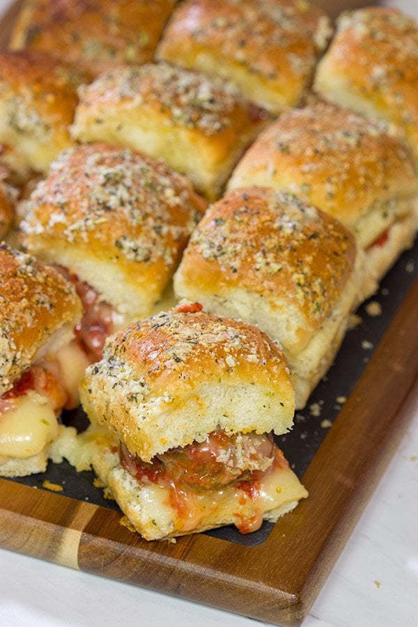 These Pull Apart Meatball Sliders are topped with garlic bread topping - they're a crowd-pleasing football appetizer!