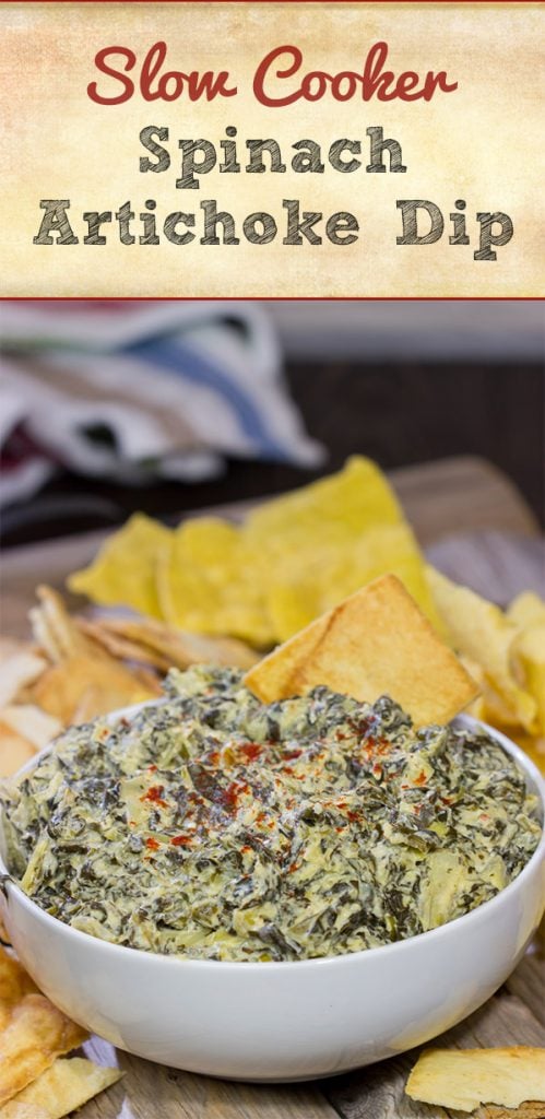 This Slow Cooker Spinach Artichoke Dip is a party favorite! It only takes a few minutes to mix, and then the slow cooker does the rest!