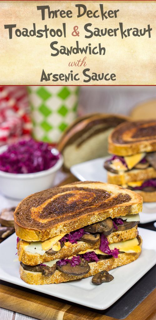 Get into the holiday spirit with this recipe for a Three Decker Toadstool and Sauerkraut Sandwich with Arsenic Sauce. Merry Grinchmas!