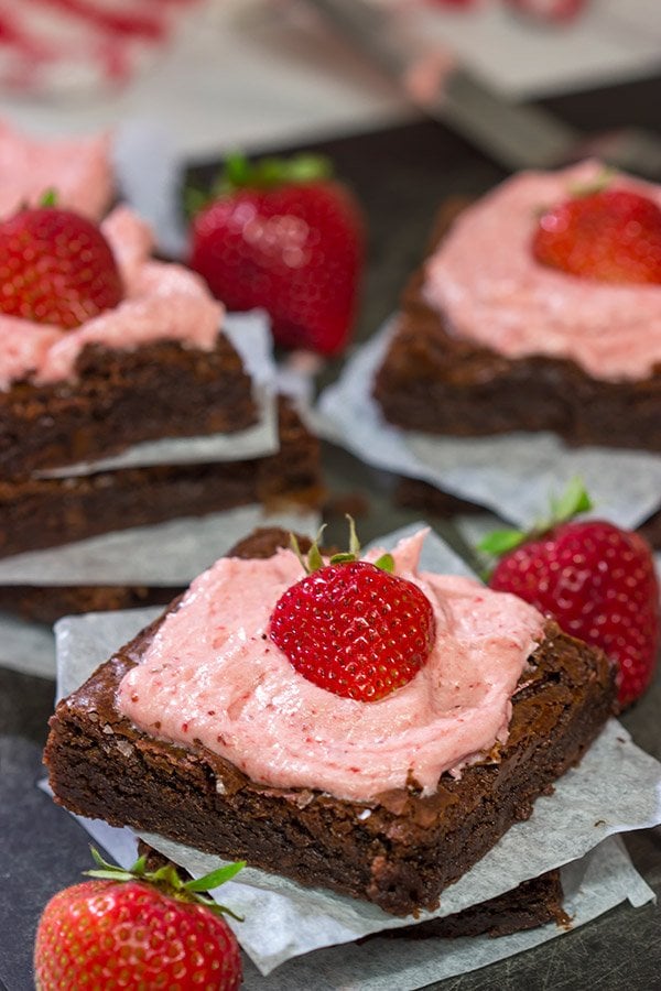 Do you like chocolate-covered strawberries?  Then you'll love these Chocolate Brownies with Strawberry Buttercream!