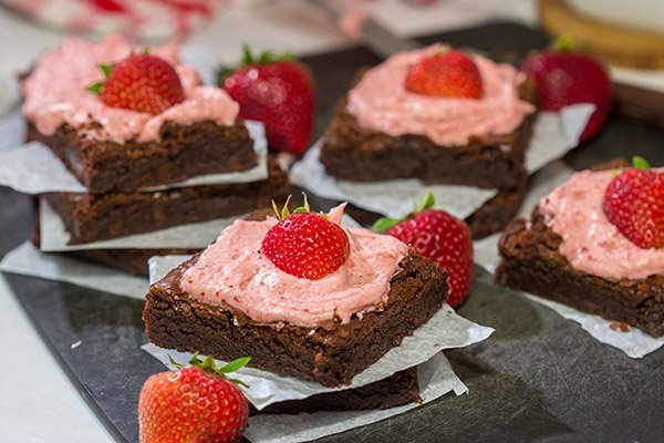 Do you like chocolate-covered strawberries?  Then you'll love these Chocolate Brownies with Strawberry Buttercream!