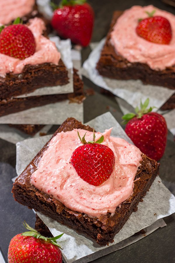 Do you like chocolate-covered strawberries?  Then you'll love these Chocolate Brownies with Strawberry Buttercream!