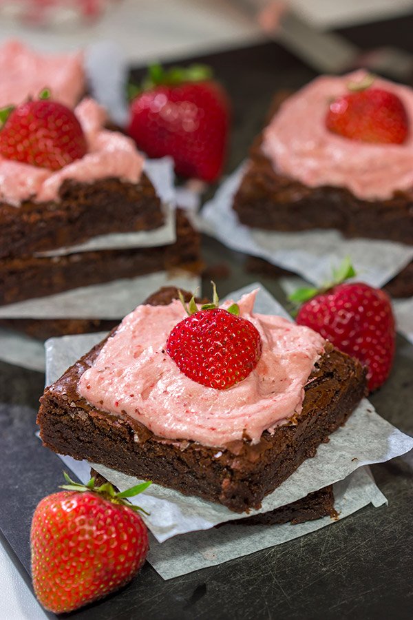 Do you like chocolate-covered strawberries?  Then you'll love these Chocolate Brownies with Strawberry Buttercream!