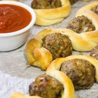 Served with a side of marinara sauce for dipping, these Meatball Breadstick Skewers are a fun party appetizer or meal!