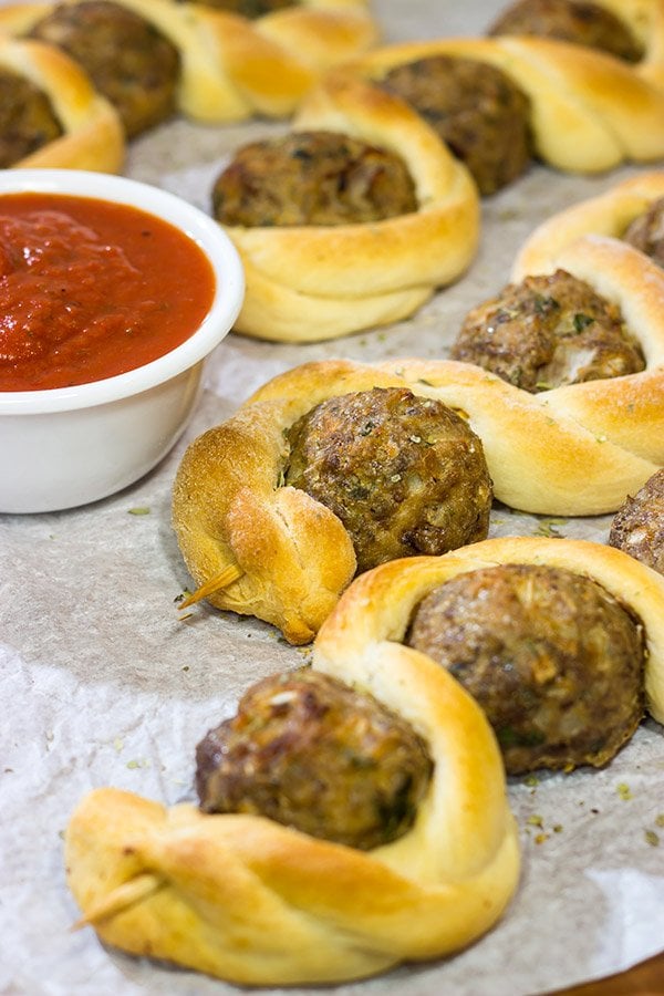 Served with a side of marinara sauce for dipping, these Meatball Breadstick Skewers are a fun party appetizer or meal!