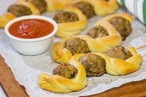 Served with a side of marinara sauce for dipping, these Meatball Breadstick Skewers are a fun party appetizer or meal!
