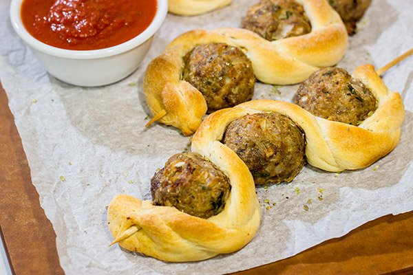 Served with a side of marinara sauce for dipping, these Meatball Breadstick Skewers are a fun party appetizer or meal!