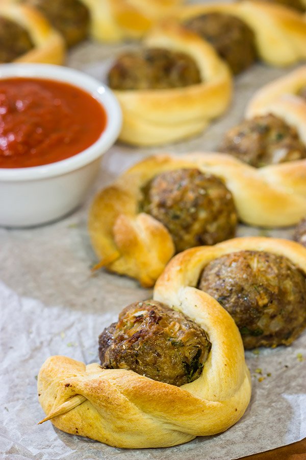 Served with a side of marinara sauce for dipping, these Meatball Breadstick Skewers are a fun party appetizer or meal!