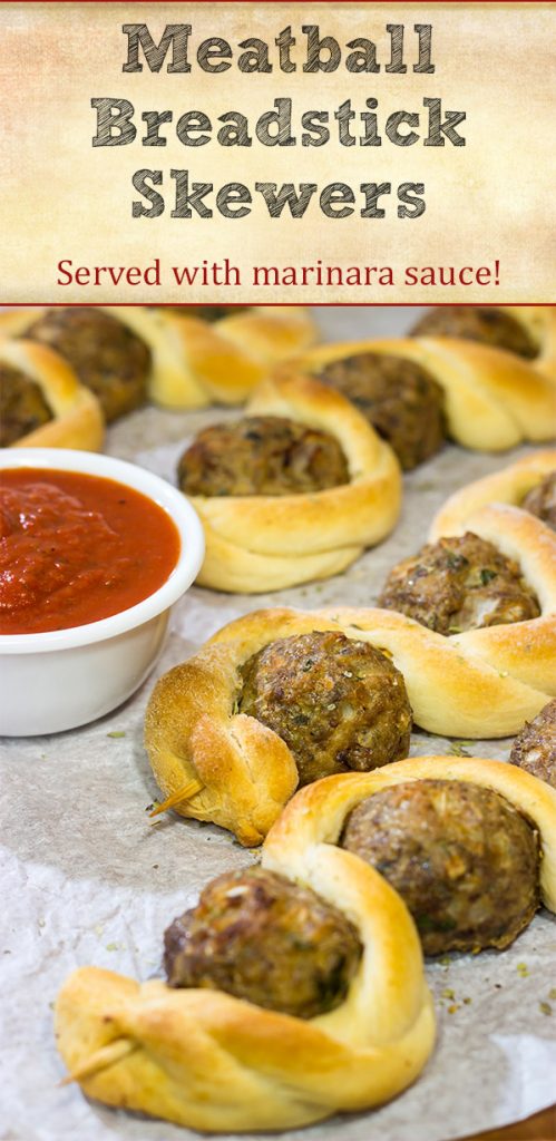 Served with a side of marinara sauce for dipping, these Meatball Breadstick Skewers are a fun party appetizer or meal!