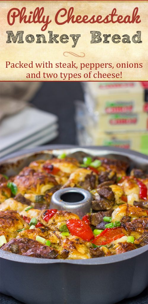 Packed with juicy steak, sauteed peppers + onions and two types of cheese, this Philly Cheesesteak Monkey Bread is one delicious way to mix up the routine!