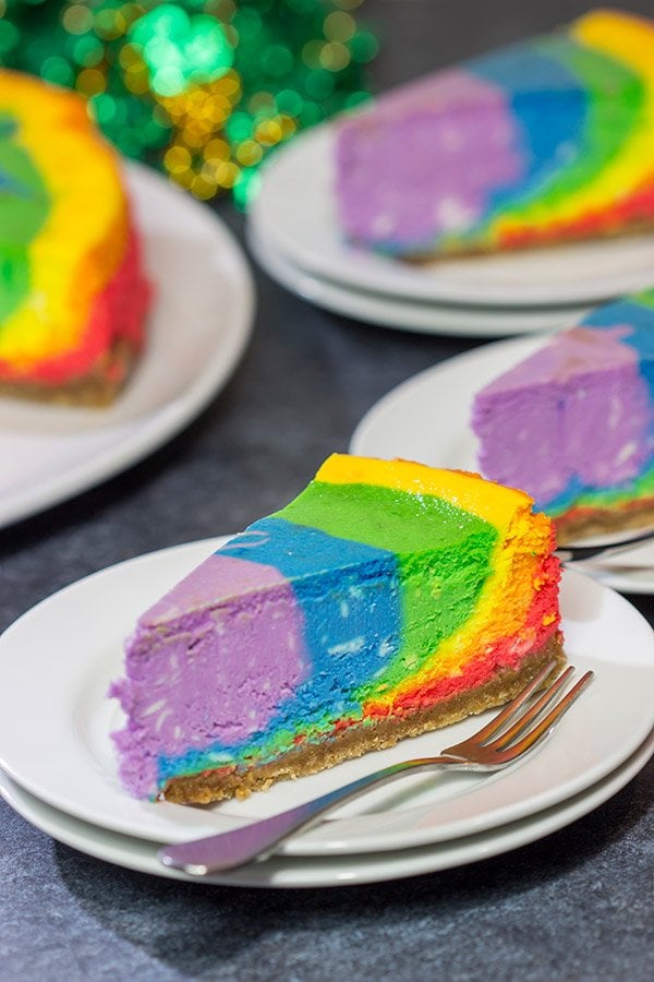 Forget looking for that elusive pot of gold...go for the sure thing!  Grab a slice of this delicious Rainbow Cheesecake, and celebrate St. Patrick's Day in style!
