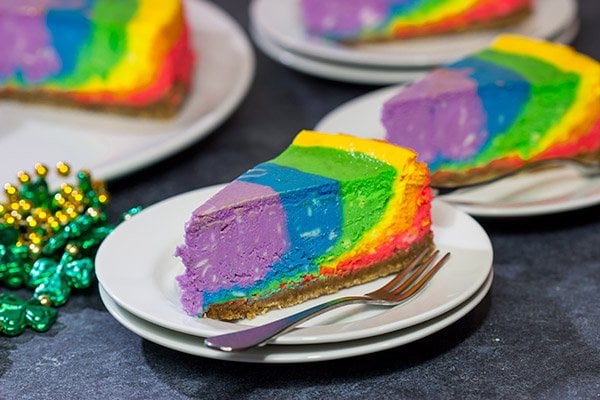 Forget looking for that elusive pot of gold...go for the sure thing!  Grab a slice of this delicious Rainbow Cheesecake, and celebrate St. Patrick's Day in style!