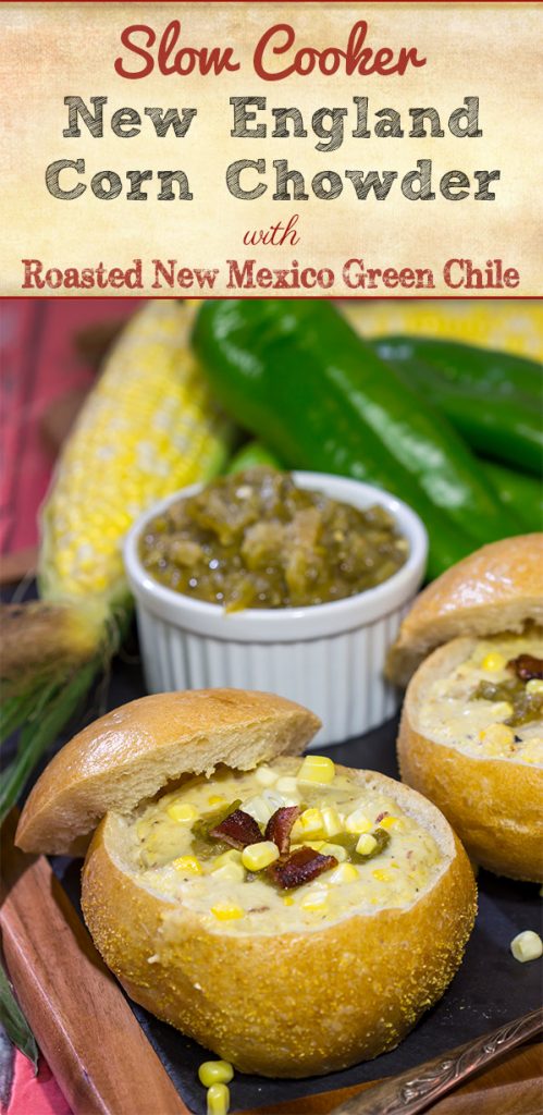 This Slow Cooker New England Corn Chowder includes a secret ingredient - roasted New Mexico green chile! A bowl of this chowder is perfect for Autumn evenings.