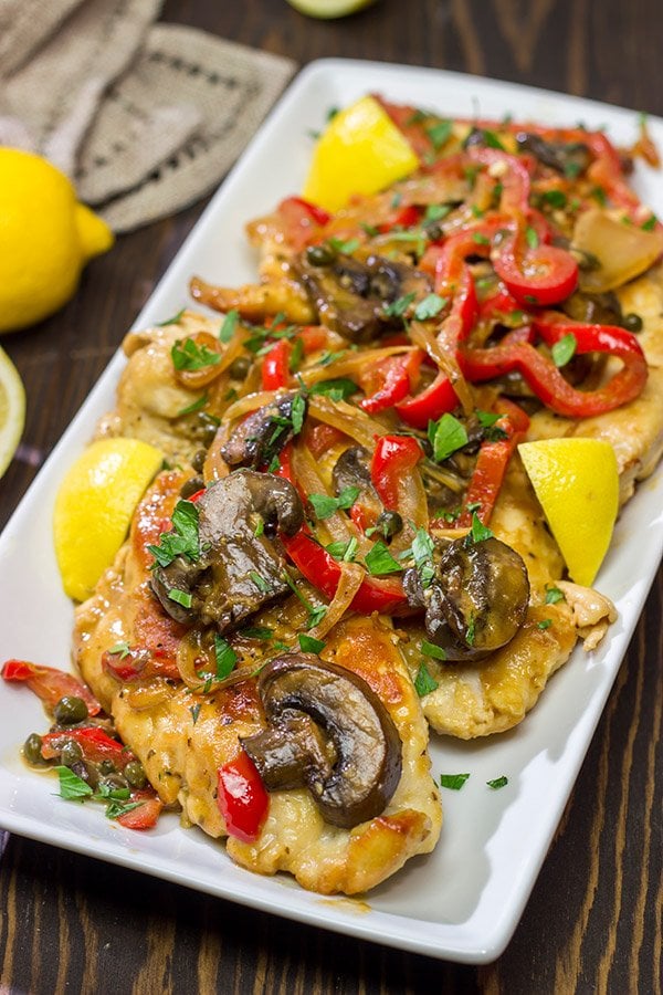 Chicken Scallopini might sound fancy, but it's actually an easy recipe.  Think thinly-sliced chicken sauteed with onions, peppers and mushrooms and then tossed in a white wine lemon sauce.  It's delicious!