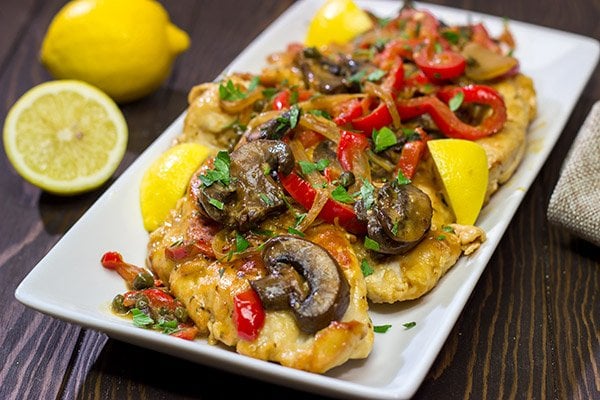 Chicken Scallopini might sound fancy, but it's actually an easy recipe. Think thinly-sliced chicken sauteed with onions, peppers and mushrooms and then tossed in a white wine lemon sauce. It's delicious!