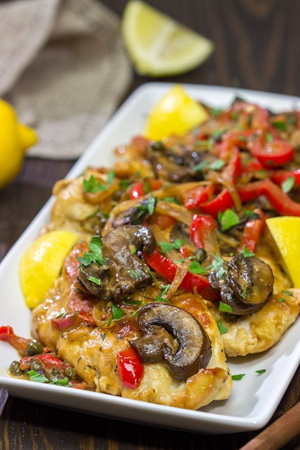 Chicken Scallopini might sound fancy, but it's actually an easy recipe. Think thinly-sliced chicken sauteed with onions, peppers and mushrooms and then tossed in a white wine lemon sauce. It's delicious!
