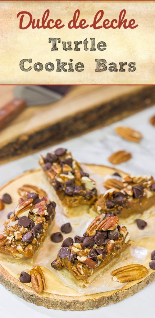 These Dulce de Leche Turtle Cookie Bars feature a shortbread cookie crust topped with dulce de leche, pecans and chocolate chips. Yum!