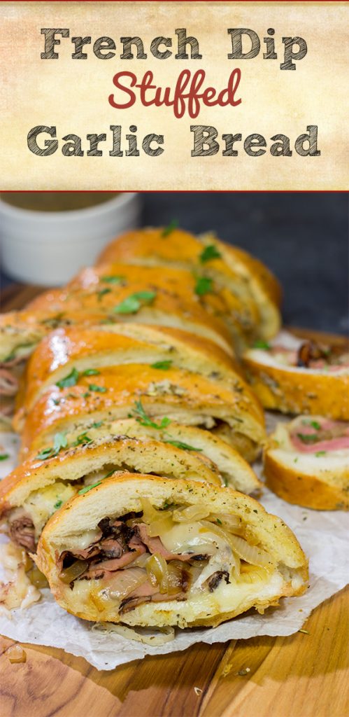 A good French Dip sandwich is hard to beat...unless you stuff it inside of garlic bread! This French Dip Stuffed Garlic Bread is a comfort food favorite!