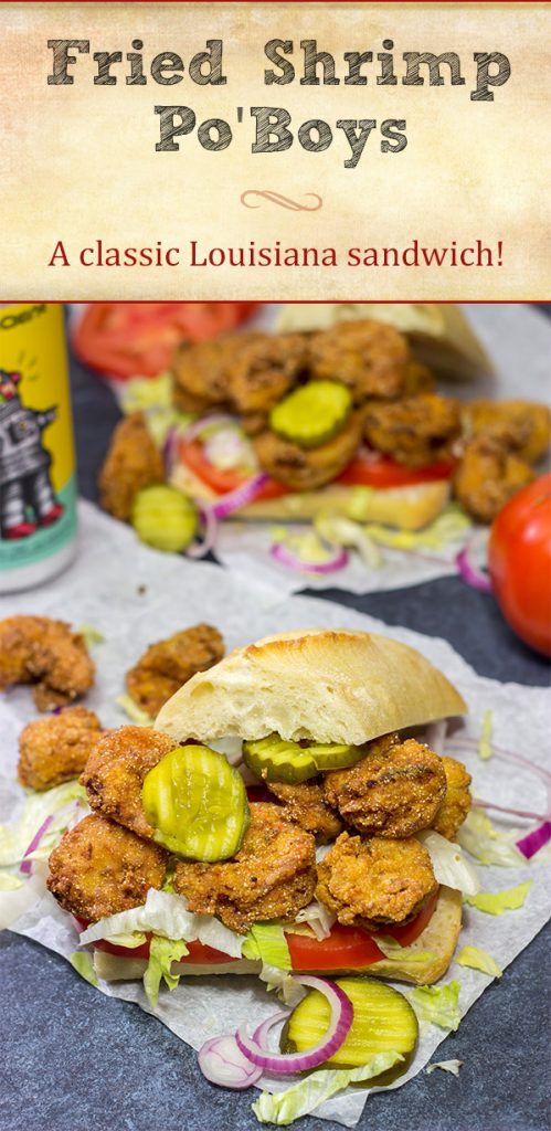 These Fried Shrimp Po'boys are a classic Louisiana sandwich!  A hunk of French bread topped with Cajun fried shrimp, creamy remoulade sauce and shredded lettuce is hard to beat!