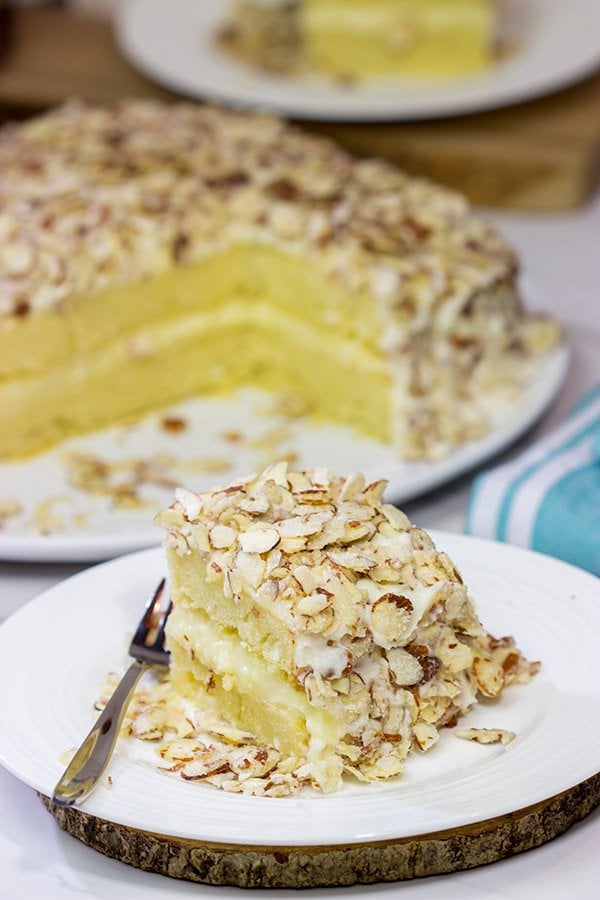 Looking for a unique cake idea? This Burnt Almond Torte is filled with vanilla pastry cream...oh yeah, and it's smothered in sugared almonds. Talk about a delicious sweet treat!