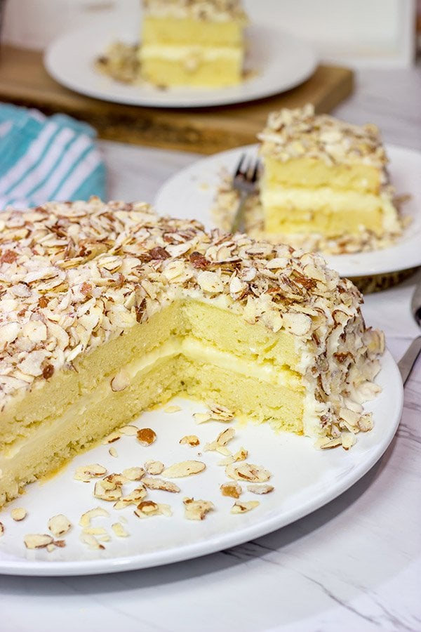 Looking for a unique cake idea?  This Burnt Almond Torte is filled with vanilla pastry cream...oh yeah, and it's smothered in sugared almonds.  Talk about a delicious sweet treat!