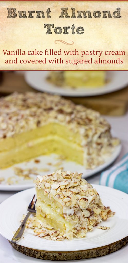 Looking for a unique cake idea?  This Burnt Almond Torte is filled with vanilla pastry cream...oh yeah, and it's smothered in sugared almonds.  Talk about a delicious sweet treat!