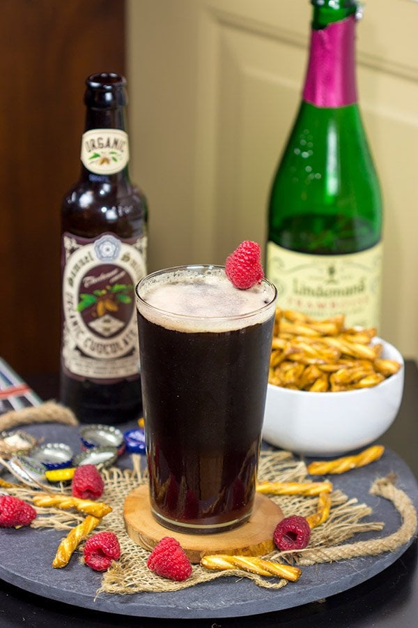 Have you ever tried layering beers?  This Chocolate Raspberry Stout is a fun combination of flavors!  It starts with raspberry taste at first, but finishes with chocolate.  Cheers!