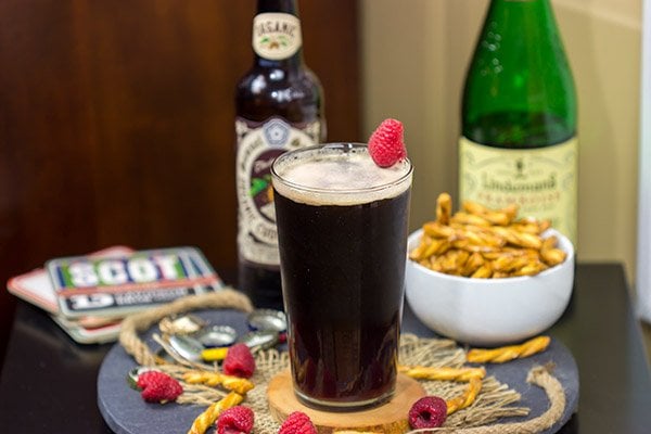 Have you ever tried layering beers?  This Chocolate Raspberry Stout is a fun combination of flavors!  It starts with raspberry taste at first, but finishes with chocolate.  Cheers!