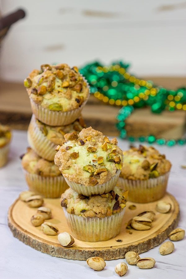 These tasty Pistachio Muffins are packed with chopped pistachios...but don't forget about the brown sugar streusel on top!