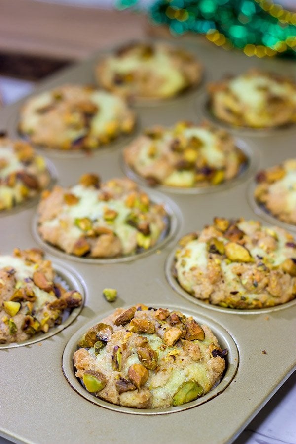 These tasty Pistachio Muffins are packed with chopped pistachios...but don't forget about the brown sugar streusel on top!