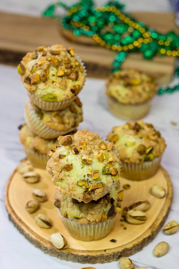 These tasty Pistachio Muffins are packed with chopped pistachios...but don't forget about the brown sugar streusel on top!