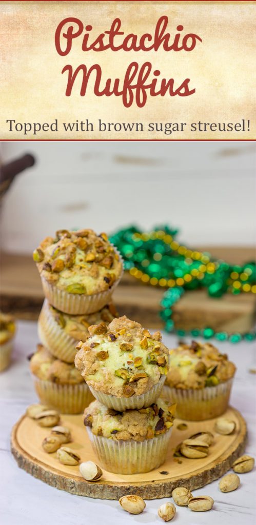 These tasty Pistachio Muffins are packed with chopped pistachios...but don't forget about the brown sugar streusel on top!
