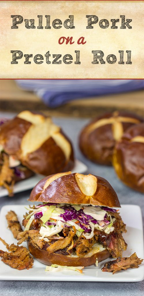 Looking for a fun way to serve pulled pork?  Grab (or make) pretzel rolls and serve up this Pulled Pork on a Pretzel Roll!