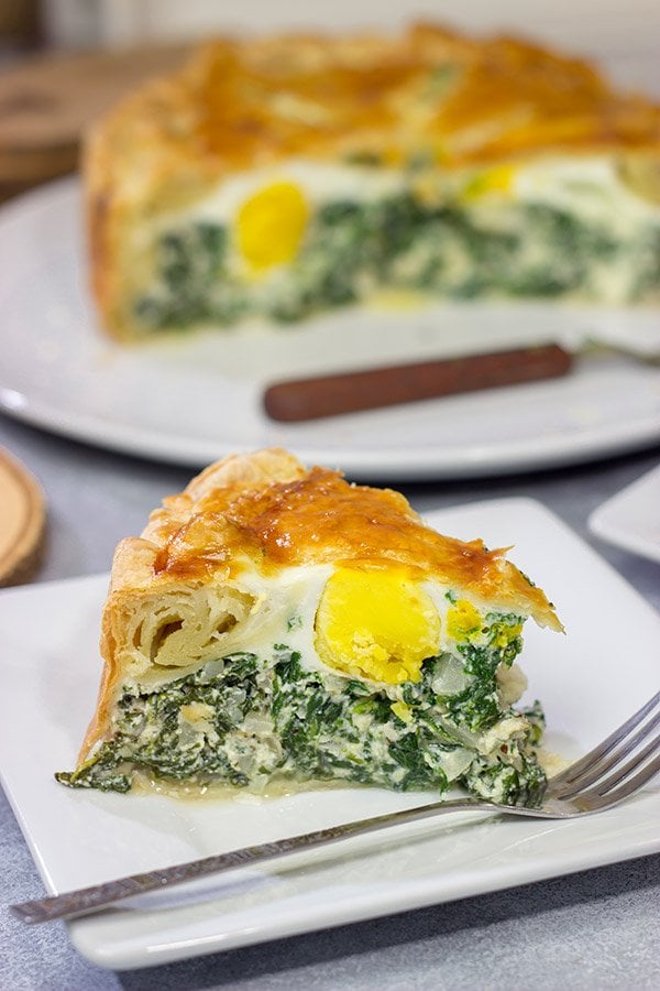 Torta Pasqualina is a traditional Italian recipe served at Easter.  This delicious pie features a puff pastry crust stuffed with spinach, ricotta and eggs - yum!