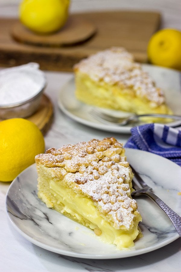 Topped with pine nuts and a dusting of powdered sugar, the Torta della Nonna features a lemon vanilla custard inside of a cookie-like crust.  It's delicious!